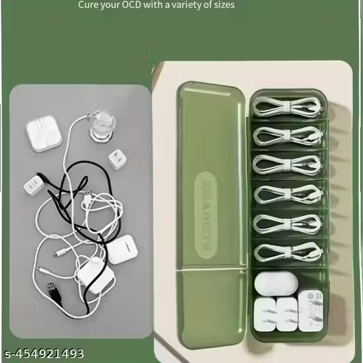 Data Cable Organizer Box Charger Cable Management 7 Compartments Storage Box Green