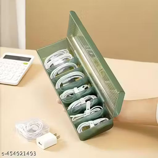 Data Cable Organizer Box Charger Cable Management 7 Compartments Storage Box Green