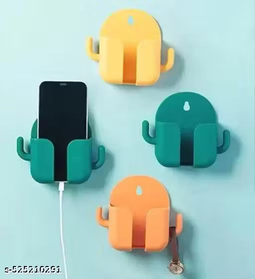 Stysol 4 Pcs Combo of Self-Adhesive Wall Mount Mobile Holder & Charging Stand, Multipurpose Phone Charger with 2 Hooks, Perfect everywear, 4 Packs, Assorted Colors